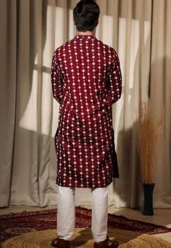 Embroidered Viscose Silk Kurta Set in Maroon