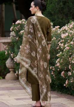 Embroidered Viscose Silk Pakistani Suit in Olive Green