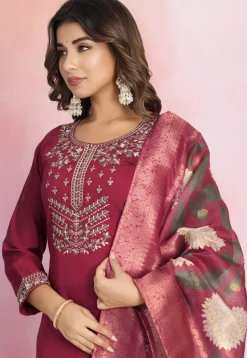 Embroidered Viscose Silk Pakistani Suit in Maroon