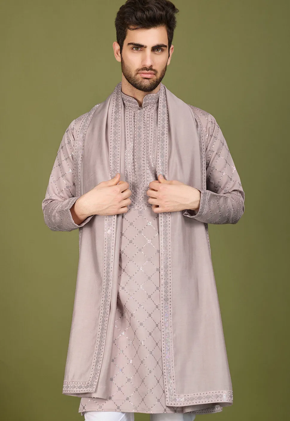 Embroidered Viscose Silk Kurta in Old Rose