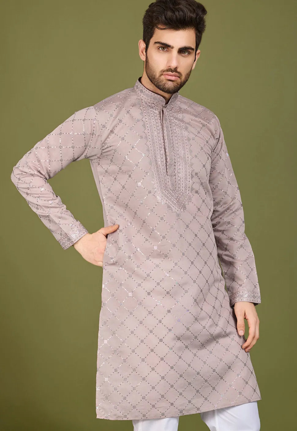 Embroidered Viscose Silk Kurta in Old Rose