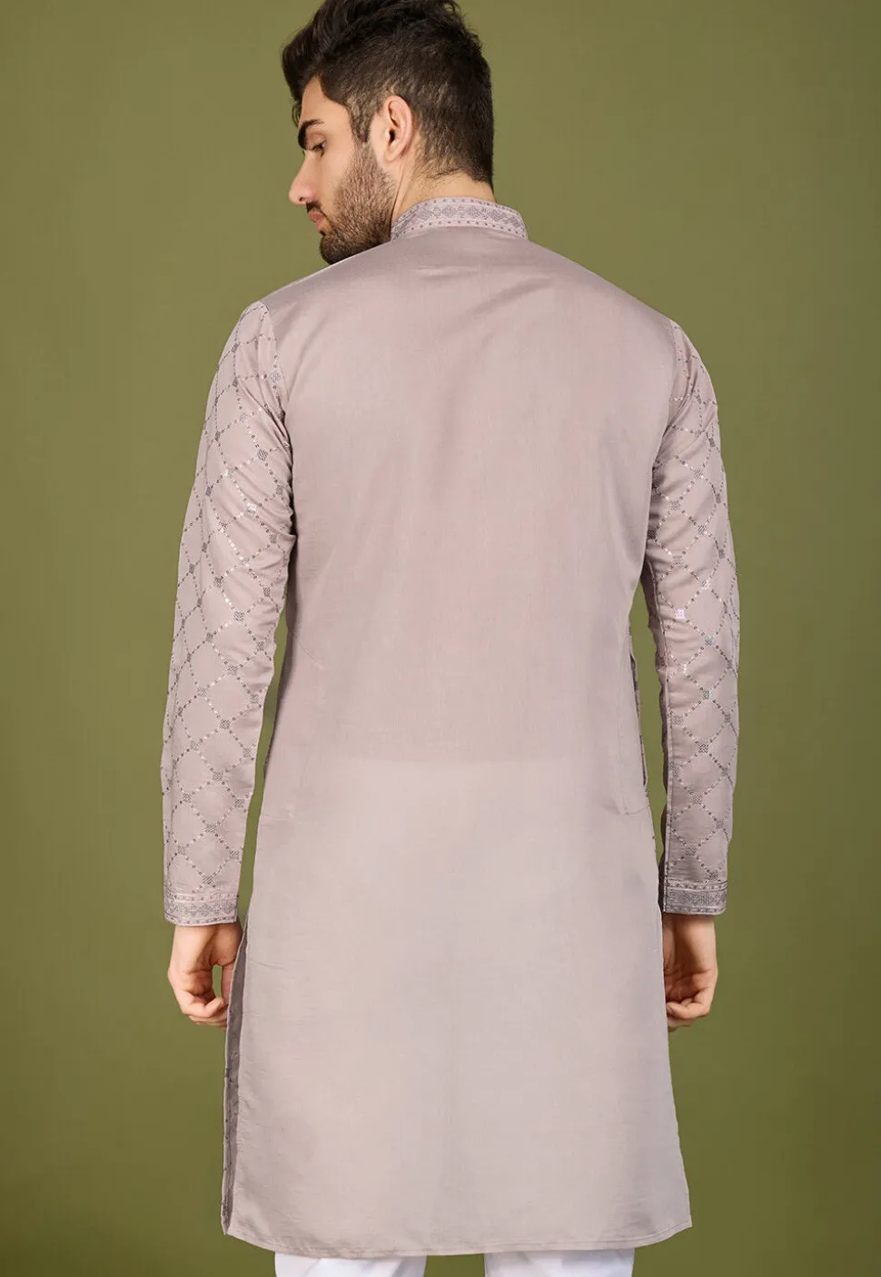 Embroidered Viscose Silk Kurta in Old Rose