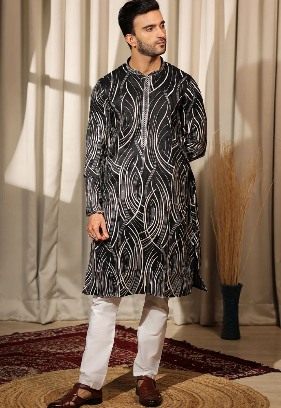 Embroidered Viscose Silk Kurta Set in Black