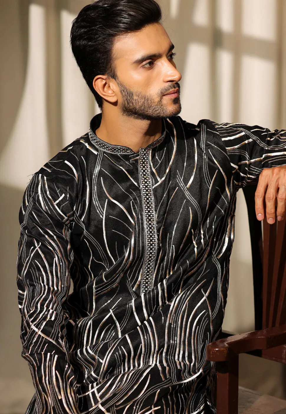 Embroidered Viscose Silk Kurta Set in Black