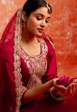 Embroidered Viscose Silk Pakistani Suit in Maroon