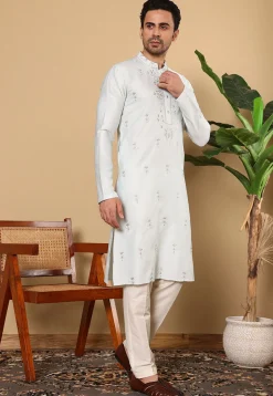 Embroidered Viscose Silk Kurta in Light Blue
