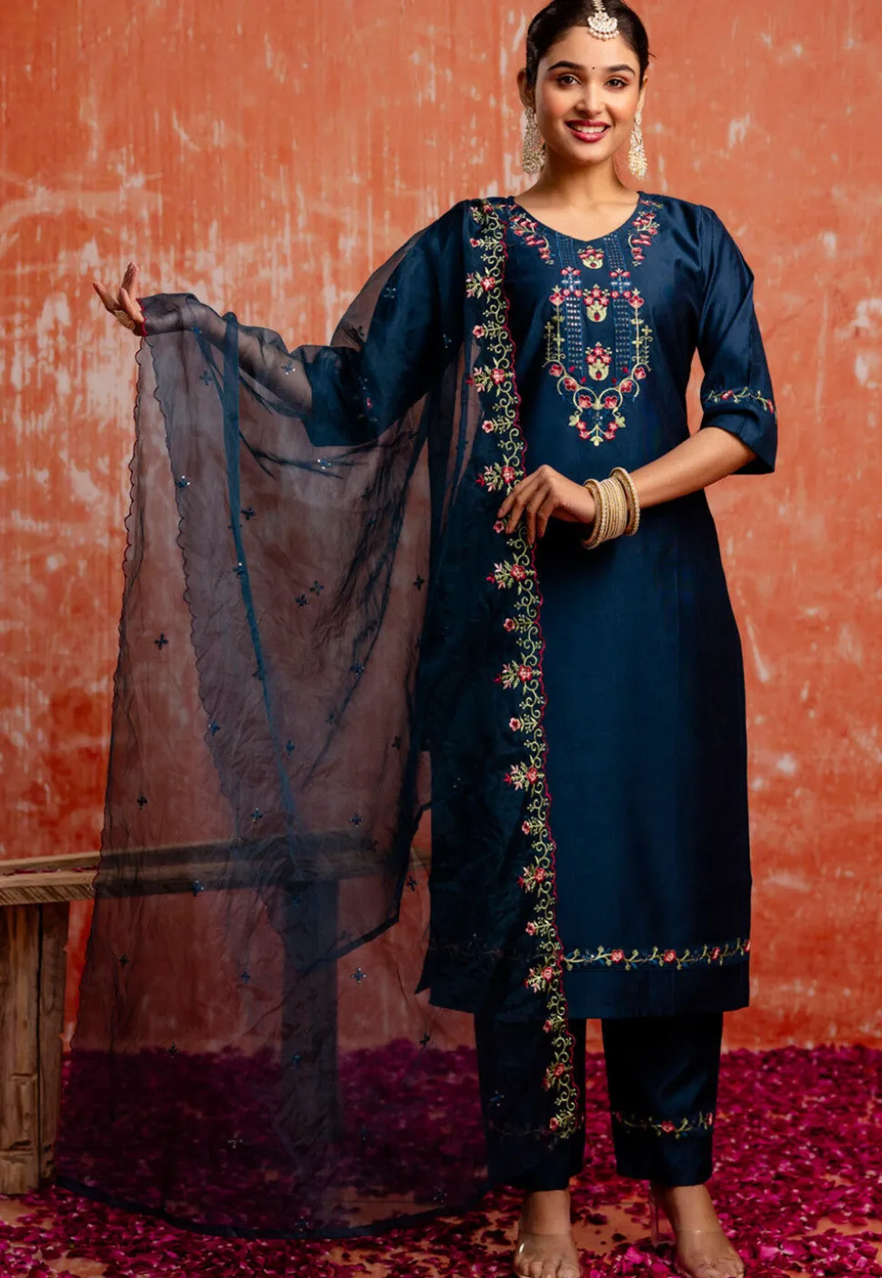 Embroidered Viscose Silk Pakistani Suit in Teal Blue