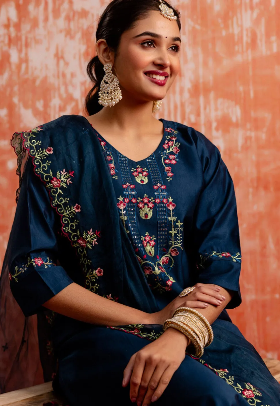 Embroidered Viscose Silk Pakistani Suit in Teal Blue