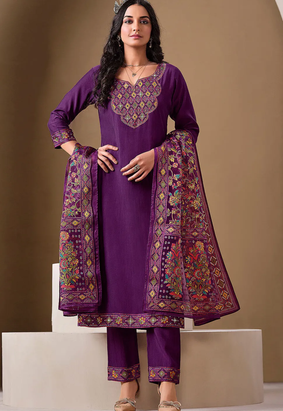 Embroidered Viscose Silk Pakistani Suit in Purple