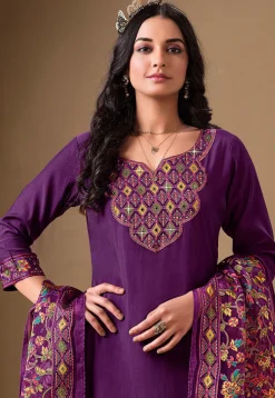Embroidered Viscose Silk Pakistani Suit in Purple