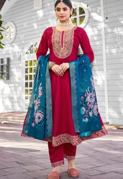Embroidered Viscose Silk Anarkali Suit in Fuchsia