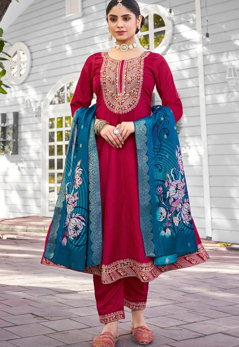 Embroidered Viscose Silk Anarkali Suit in Fuchsia