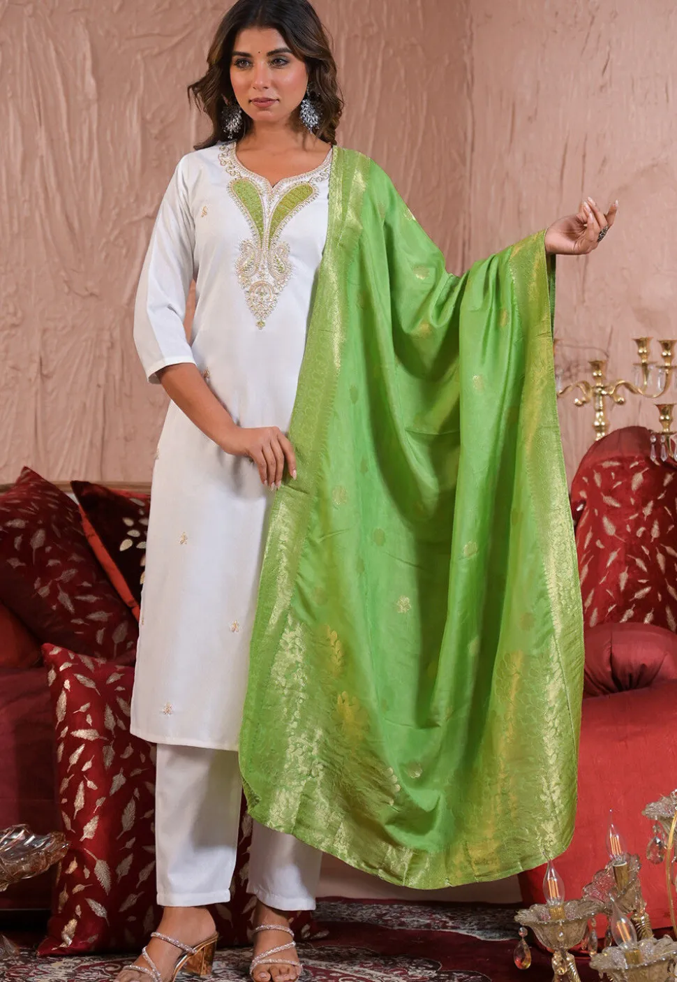 Embroidered Viscose Silk Pakistani Suit in Off White