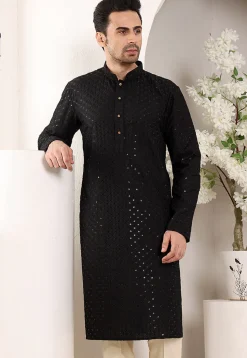 Embroidered Viscose Silk Kurta in Black
