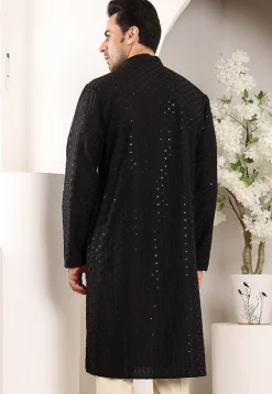 Embroidered Viscose Silk Kurta in Black
