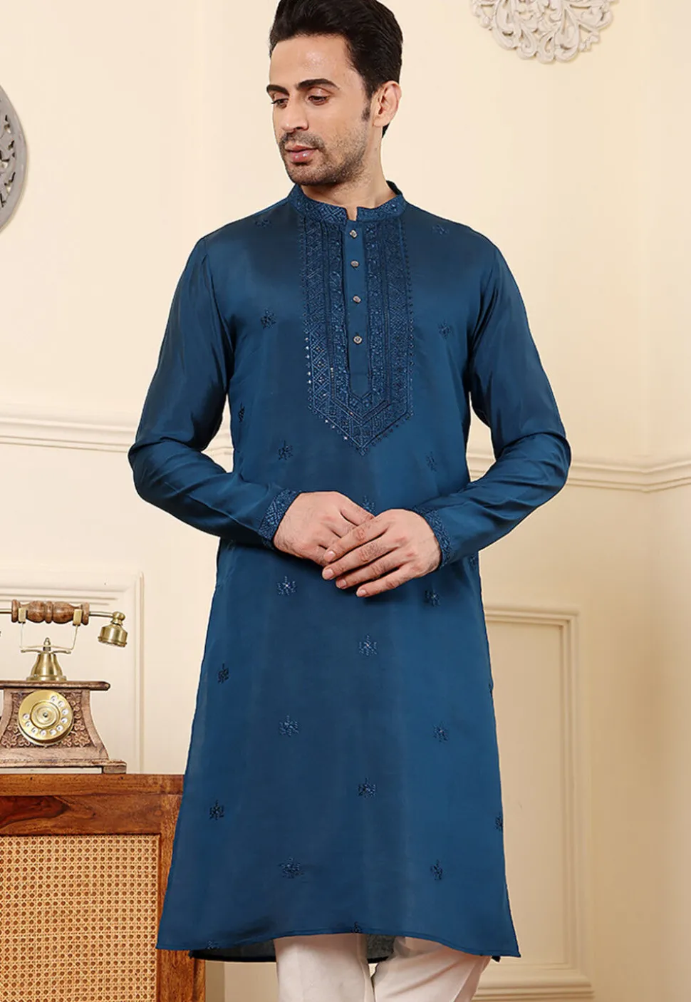 Embroidered Viscose Silk Kurta in Teal Blue