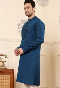 Embroidered Viscose Silk Kurta in Teal Blue