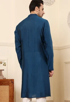 Embroidered Viscose Silk Kurta in Teal Blue