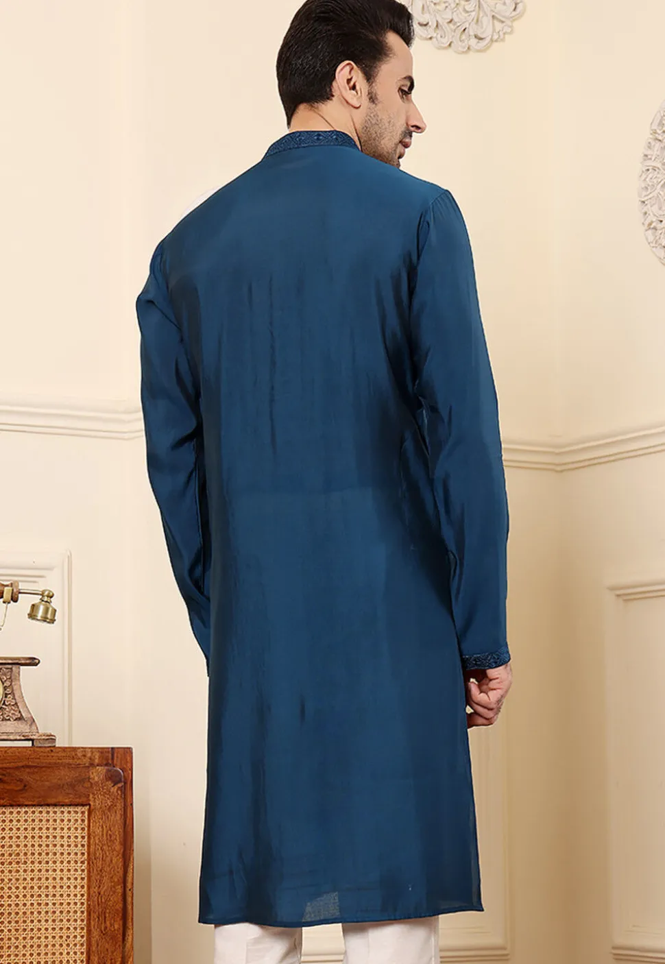 Embroidered Viscose Silk Kurta in Teal Blue