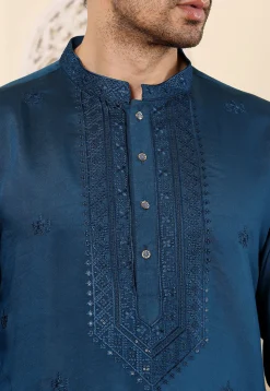 Embroidered Viscose Silk Kurta in Teal Blue