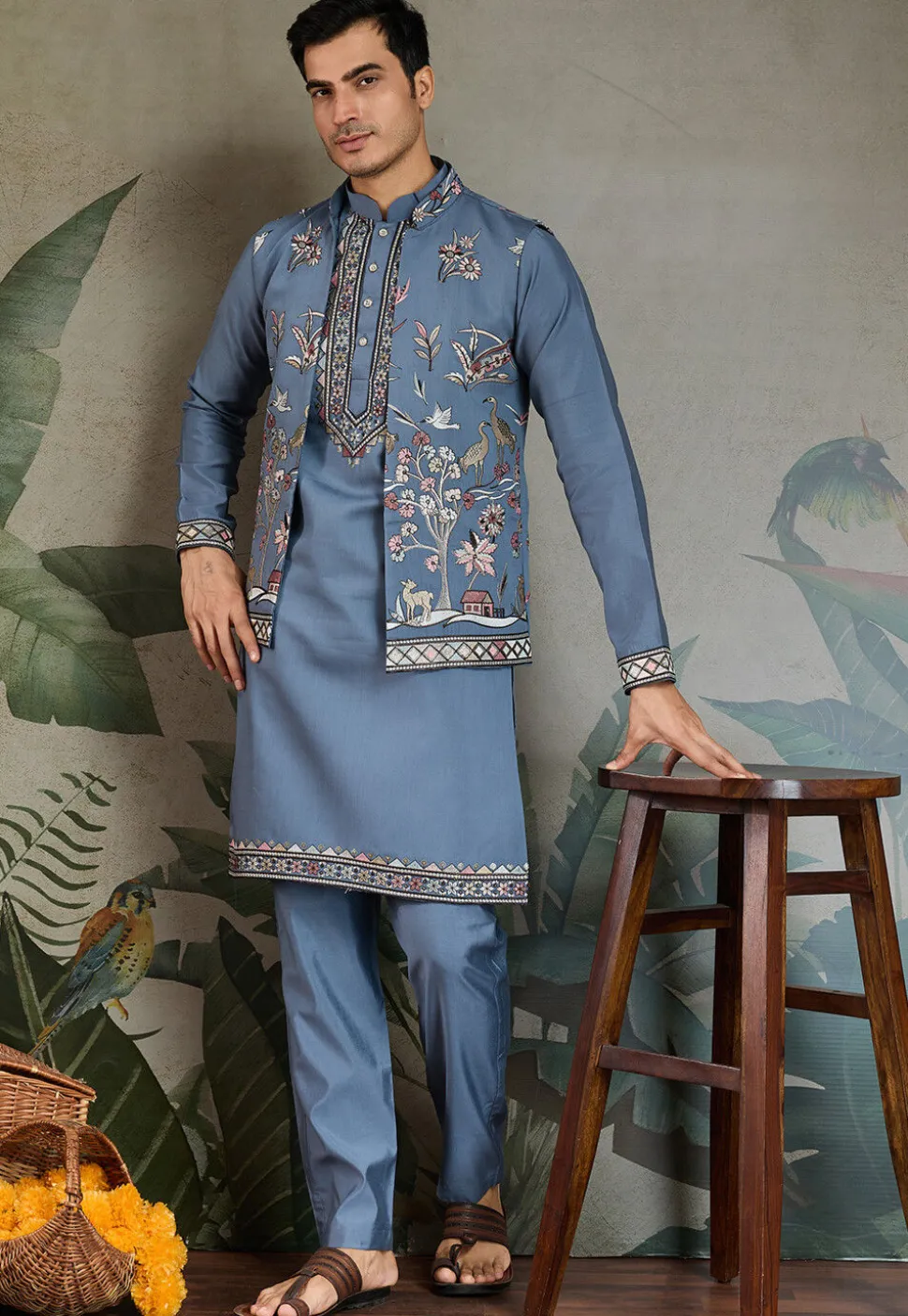 Embroidered Viscose Silk Kurta Set in Dusty Blue