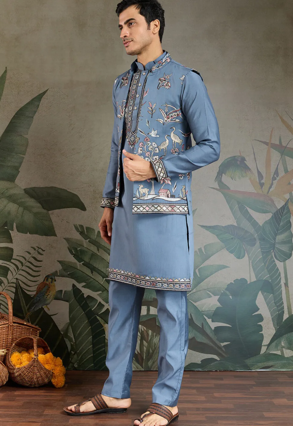Embroidered Viscose Silk Kurta Set in Dusty Blue