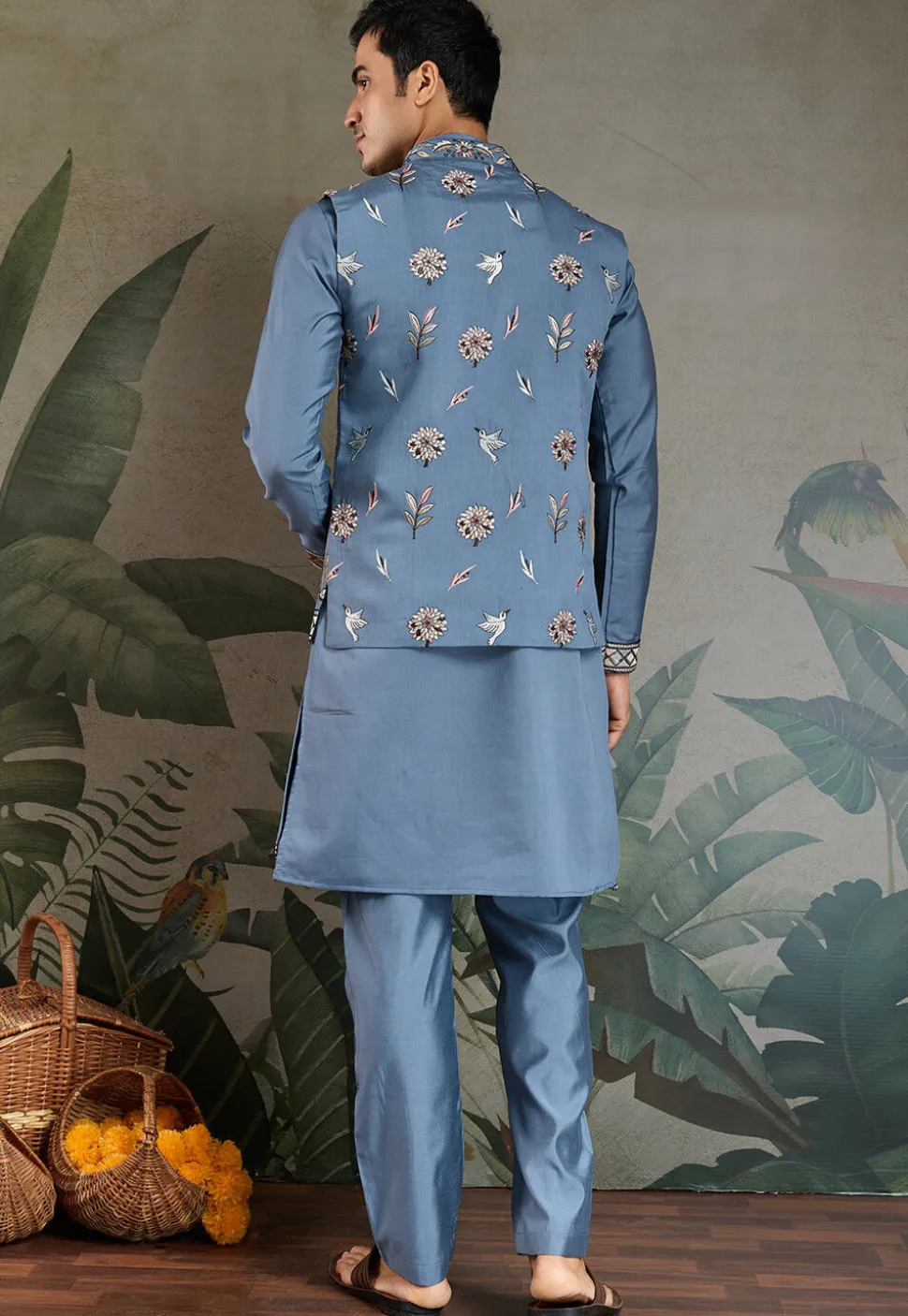 Embroidered Viscose Silk Kurta Set in Dusty Blue