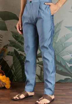 Embroidered Viscose Silk Kurta Set in Dusty Blue