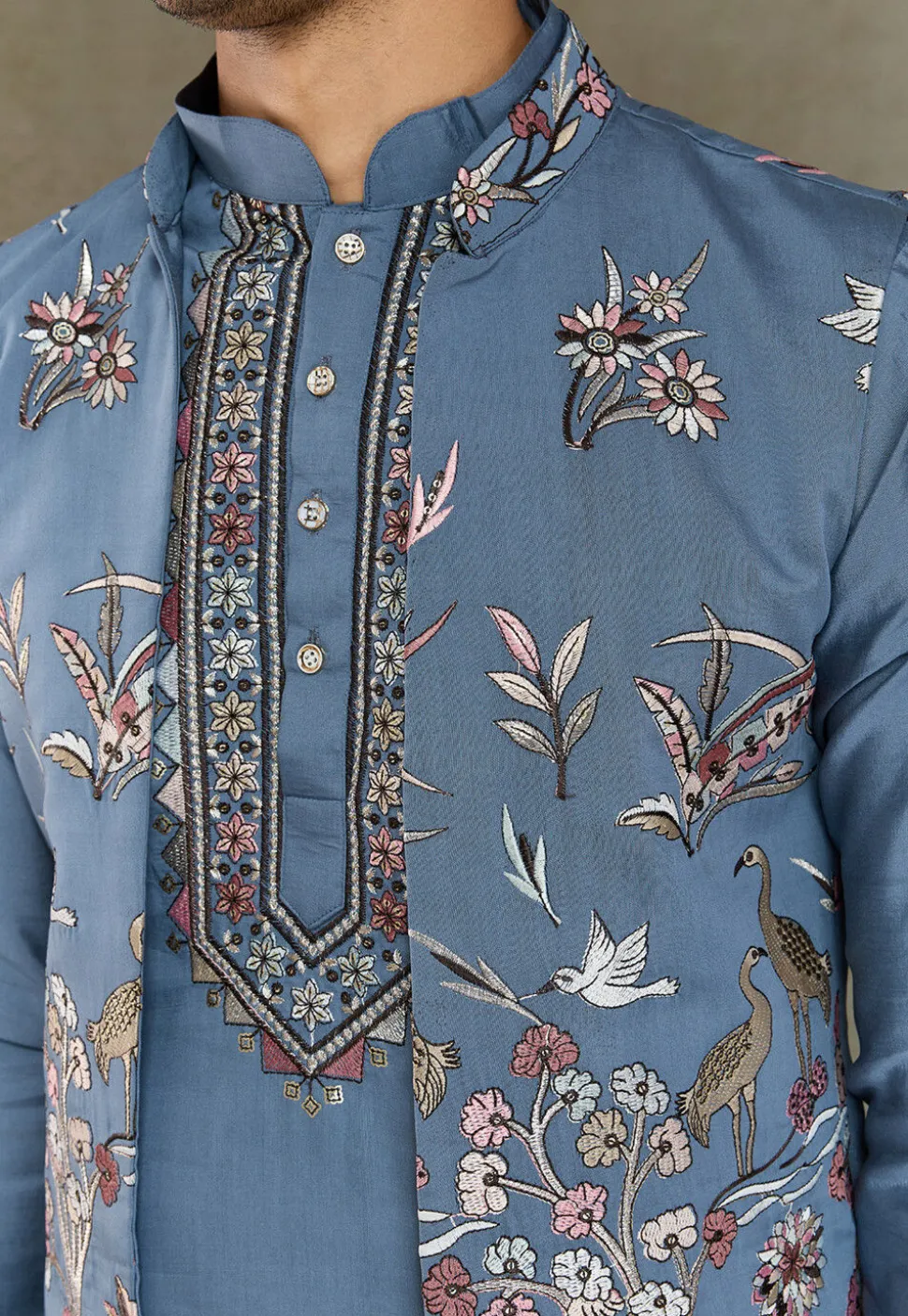 Embroidered Viscose Silk Kurta Set in Dusty Blue