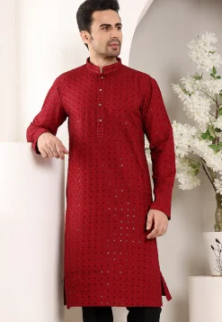 Embroidered Viscose Silk Kurta in Red
