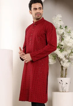 Embroidered Viscose Silk Kurta in Red