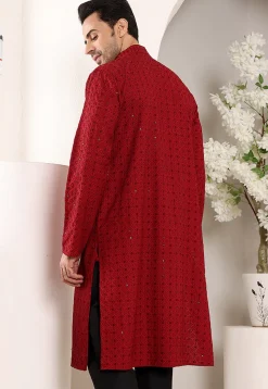 Embroidered Viscose Silk Kurta in Red