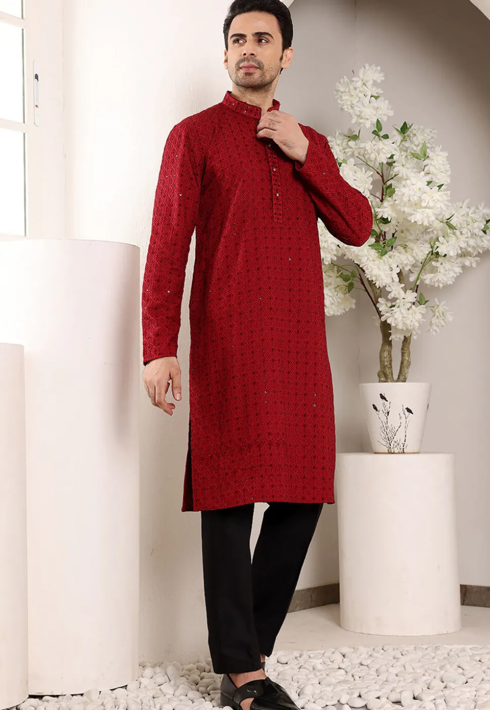 Embroidered Viscose Silk Kurta in Red