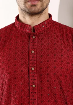 Embroidered Viscose Silk Kurta in Red