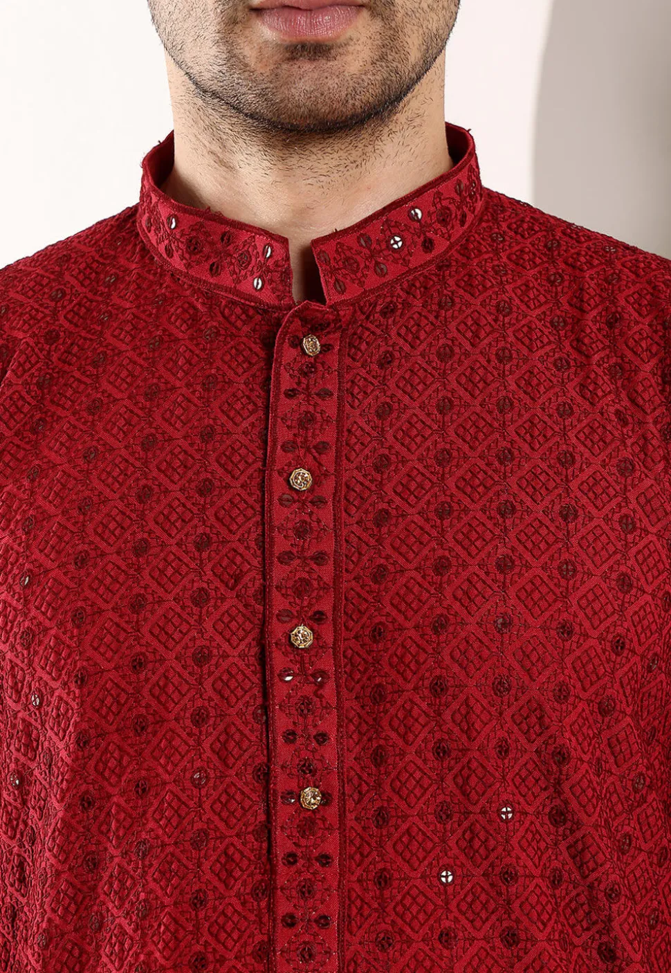 Embroidered Viscose Silk Kurta in Red