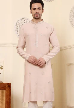 Embroidered Viscose Silk Kurta in Peach
