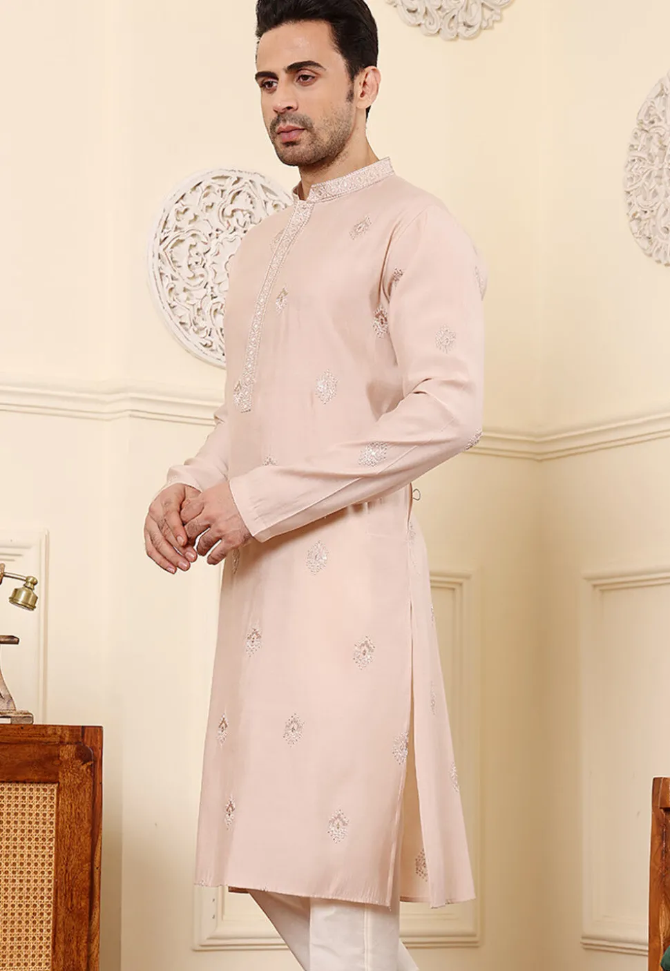 Embroidered Viscose Silk Kurta in Peach