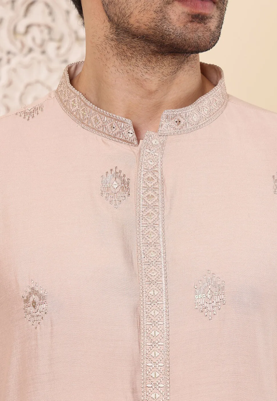 Embroidered Viscose Silk Kurta in Peach