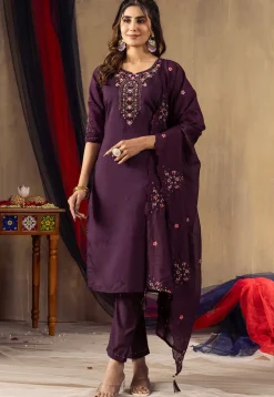 Embroidered Viscose Silk Pakistani Suit in Purple