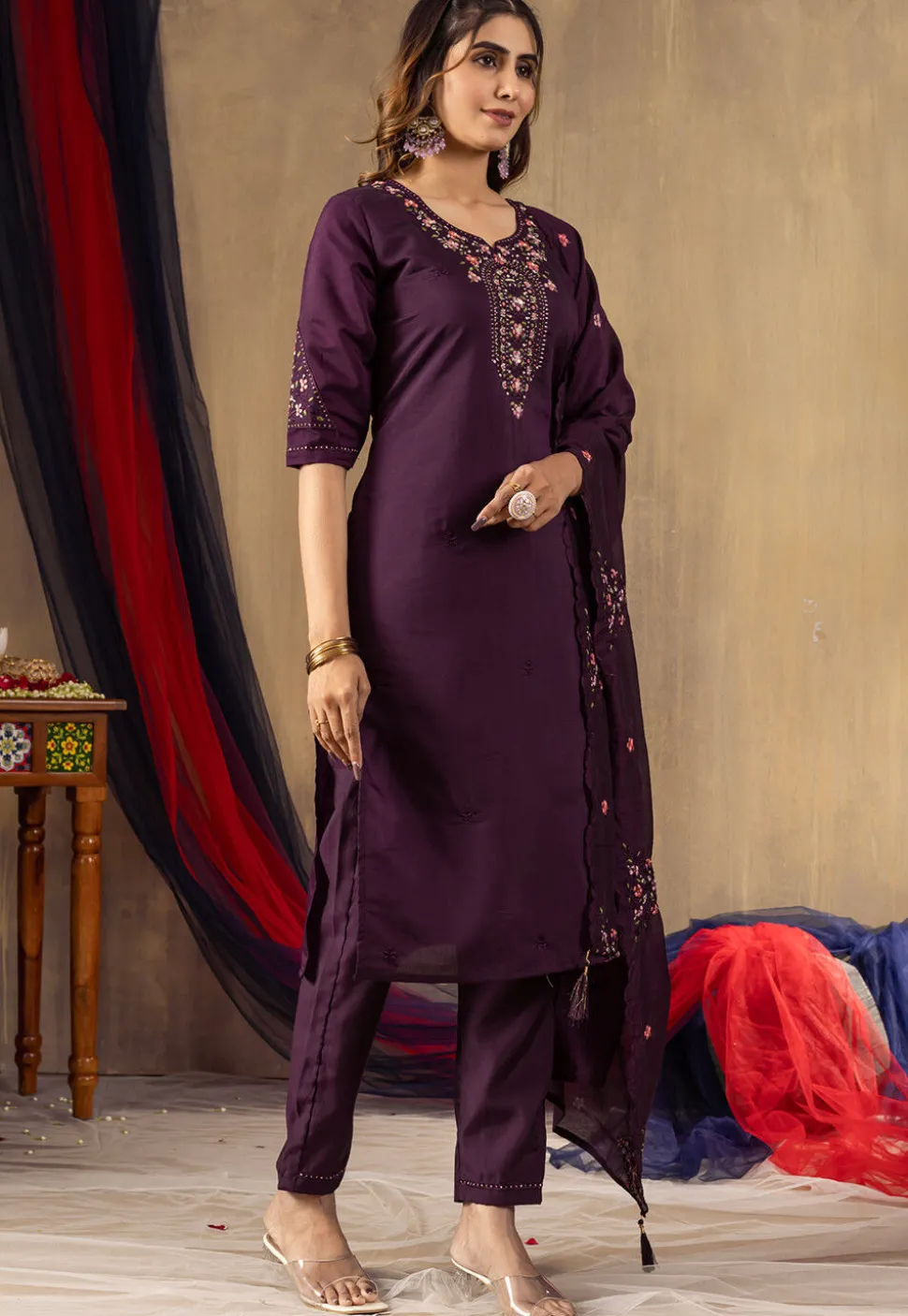 Embroidered Viscose Silk Pakistani Suit in Purple