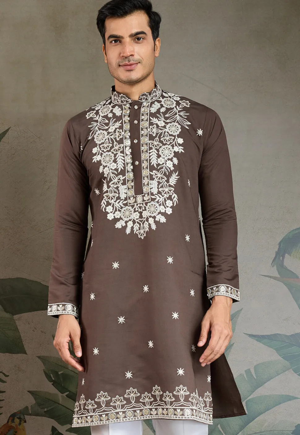 Embroidered Viscose Silk Kurta in Brown