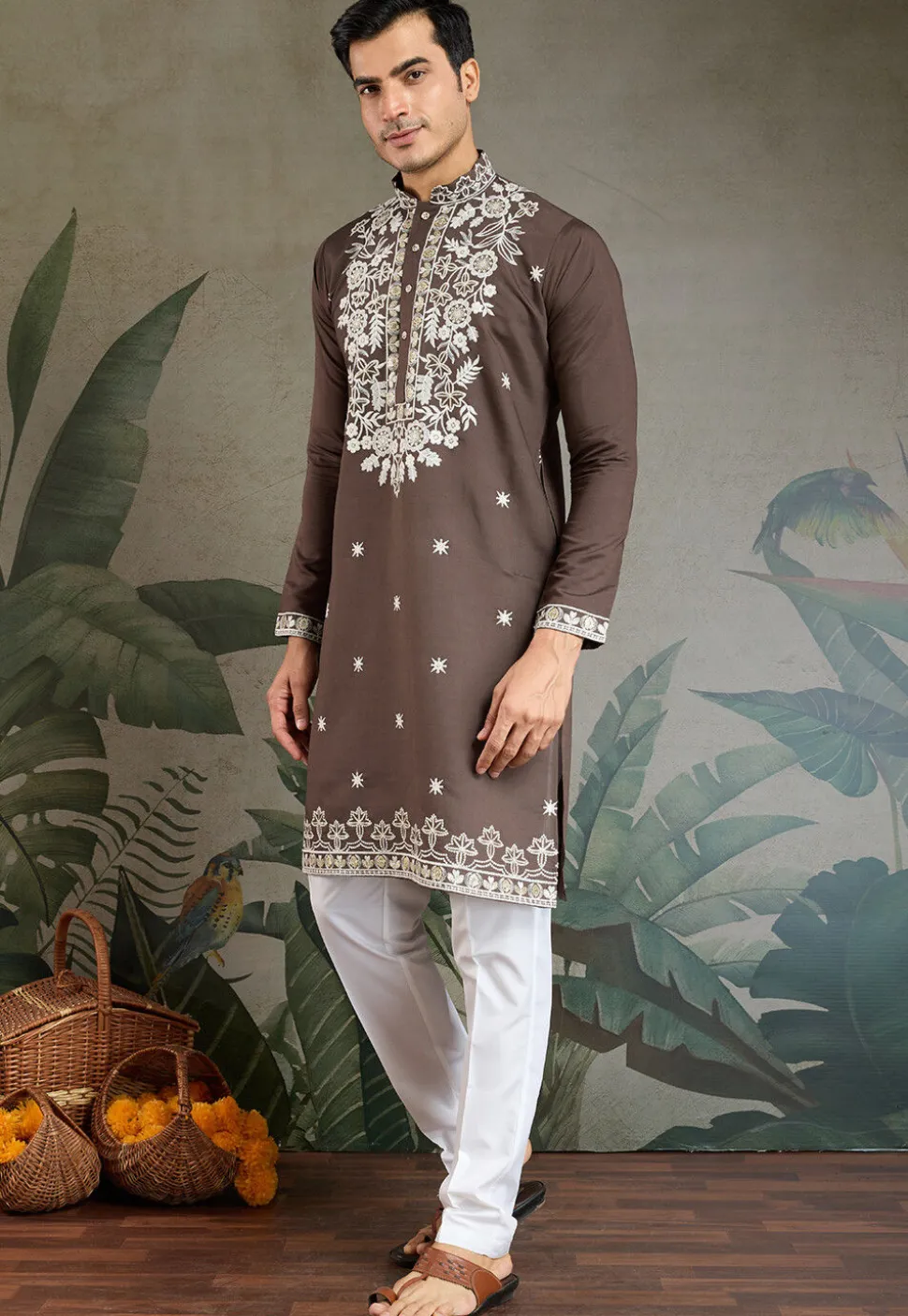 Embroidered Viscose Silk Kurta in Brown