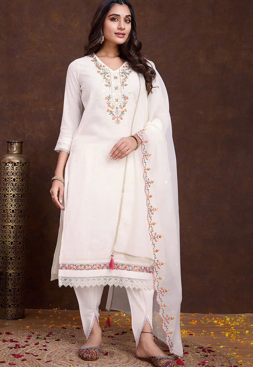 Embroidered Viscose Silk Pakistani Suit in Off White