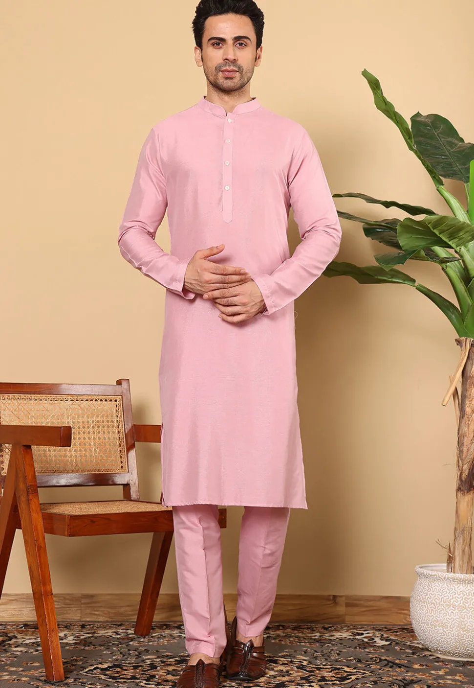 Embroidered Viscose Silk Kurta Set in Pink