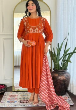 Embroidered Viscose Silk A Line Suit in Dark Orange