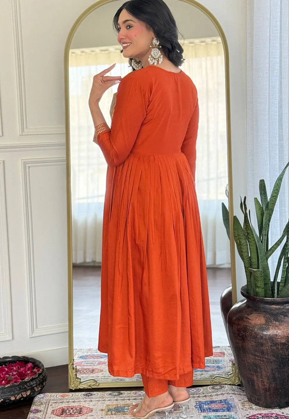 Embroidered Viscose Silk A Line Suit in Dark Orange