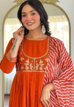 Embroidered Viscose Silk A Line Suit in Dark Orange