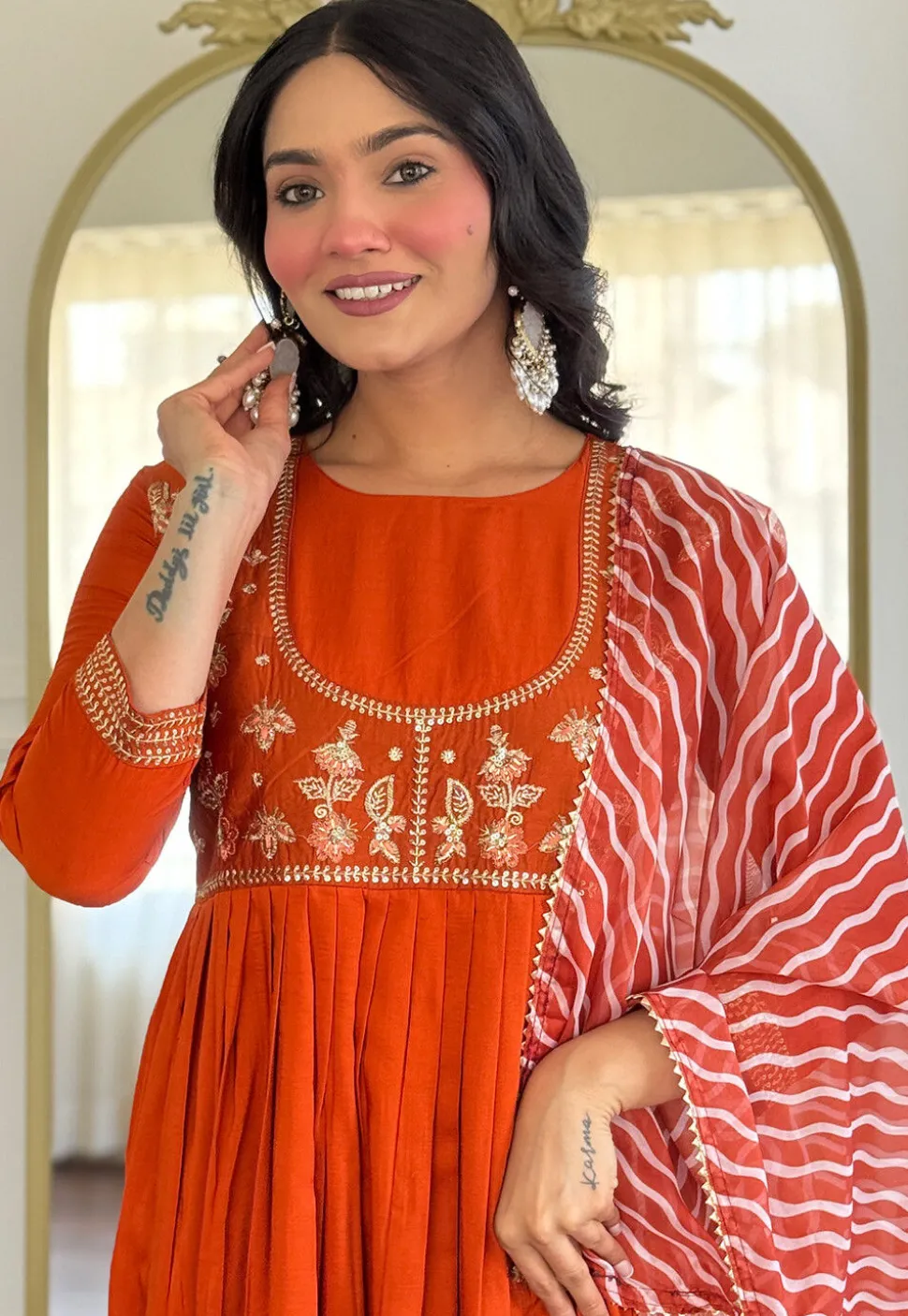 Embroidered Viscose Silk A Line Suit in Dark Orange