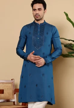 Embroidered Viscose Silk Kurta in Teal Blue