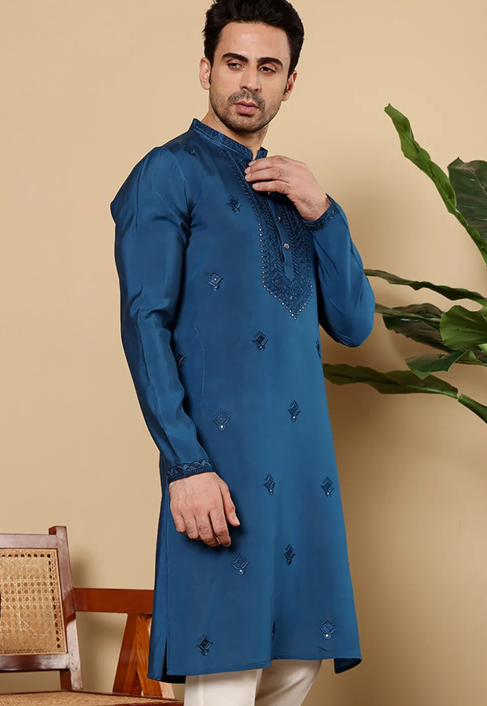 Embroidered Viscose Silk Kurta in Teal Blue